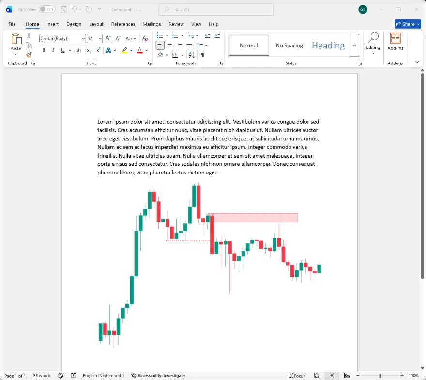 A trading journal entry with a CandleDraw export in its place